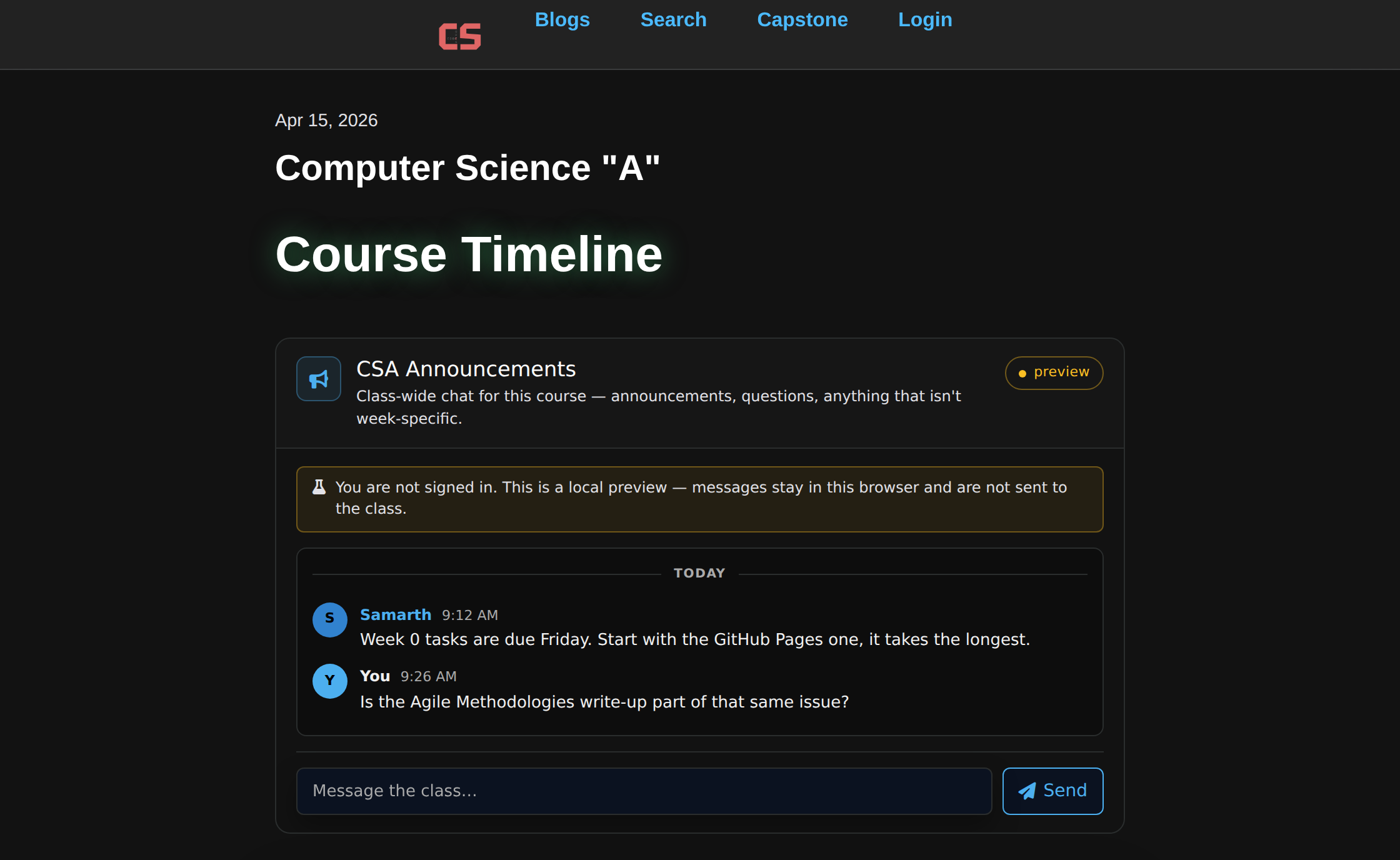 Communication System - class announcement chat on the CSA course page